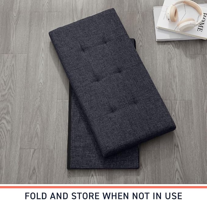 Ornavo Home 30 Inch Folding Storage Ottoman Bench, Tufted Linen, Black | Upholstered Large Ottoman with Lid; Foot Rest Stool; Ideal for Bedroom, Living Room or Entryway