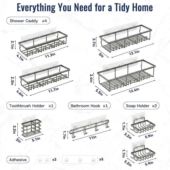 8 Pack Adhesive Rustproof Shower Caddy with Soap Dishes, Toothbrush Holder & Hooks, Large Capacity No-Drilling Shower Shelves Rack for Bathroom Organizers and Storage Accessories, Dark Gray