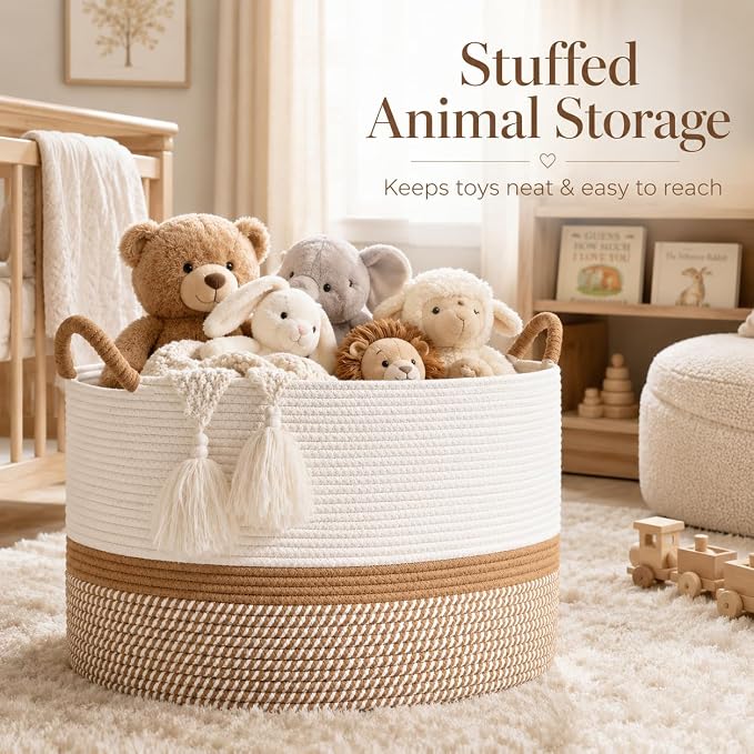 KAKAMAY Large Blanket Basket with Handles, Storage Basket for Living Room | Extra Large Capacity | Blanket Storage | Laundry Basket | Natural Cotton Rope | Stuffed Animal Storage | Woven Storage Basket