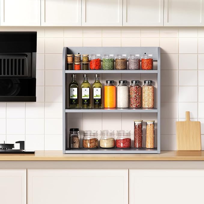 ROMGUAR CRAFT 3 Tier Bamboo Spice Rack, Countertop or Wall Mounting Wood Spice Jars Organizer Shelf for Kitche, Pantry (Grey)