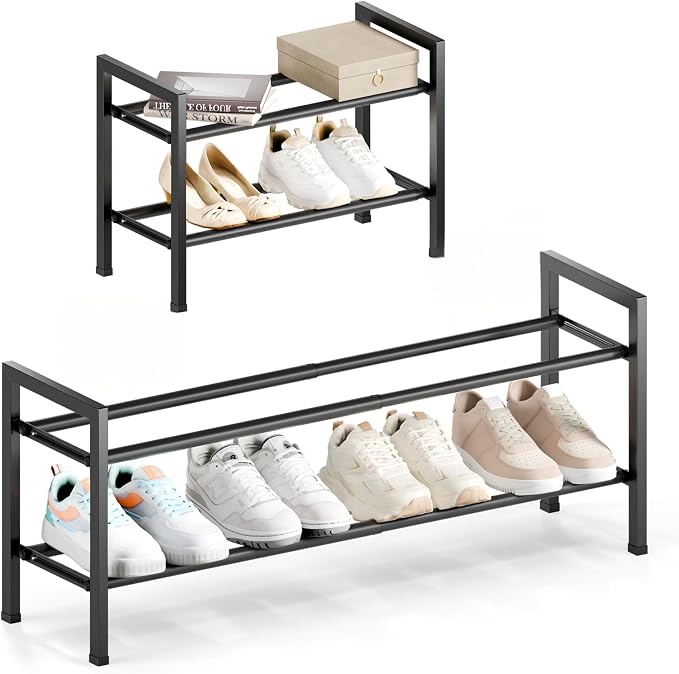 Bumusty 2 Tier Expandable Shoe Rack for Closet, Black | 18"-33" Adjustable Shoe Rack for Entryway, Small Shoe Organizer for Dorm, Front Door, Sturdy Metal