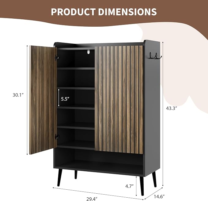 GarveeHome Shoe Cabinet, Large Shoe Cabinet with 2 Doors, Adjustable Shelves, Shoe Organizer with Doors for Hallway, Entryway, Living Room, Black+Nut-Brown