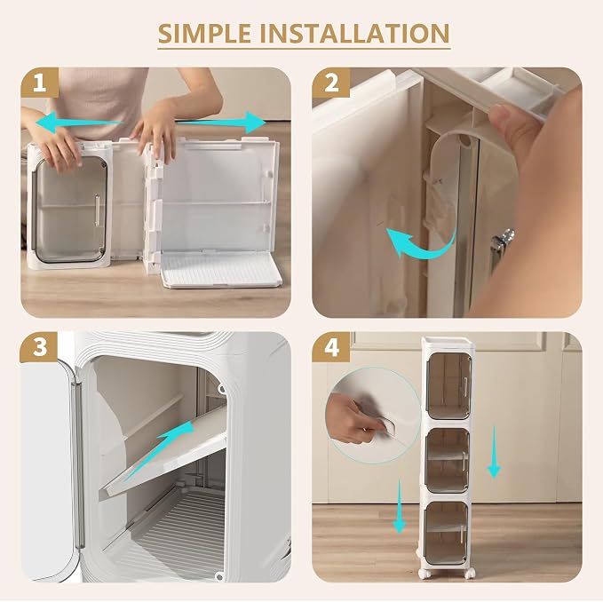3-Tier Slim Bathroom Narrow Storage Cabinet with Wheels, White | Tool Free Assembly, Adjustable Shelves, Fits for Narrow Spaces, Reinforced Stability, Magnetic Clear Door