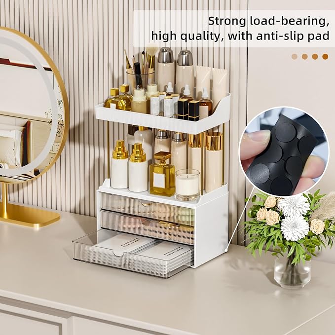 StorBin Arcylic 5-Tier Makeup & Skincare Organizer for Vanity, Bath, 2 Sets | Smooth 3 drawers, clear body, gold frame, non-slip, for perfumes, serums, face masks, palettes, vanity & bath counter,Clear