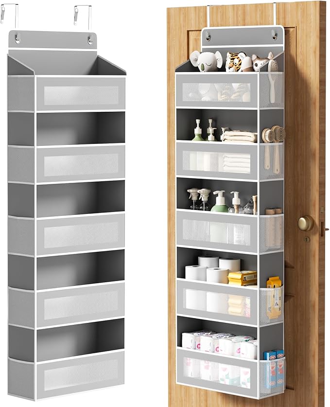 AQOOA 5-Tier Over The Door Organizer 44 lbs Capacity fit Standard Doors | Over the Door Storage 5 Large 10 Side Pockets, Closet Door Organizer Hanging Shelf for Closet Bathroom Bedroom Nursery, Grey