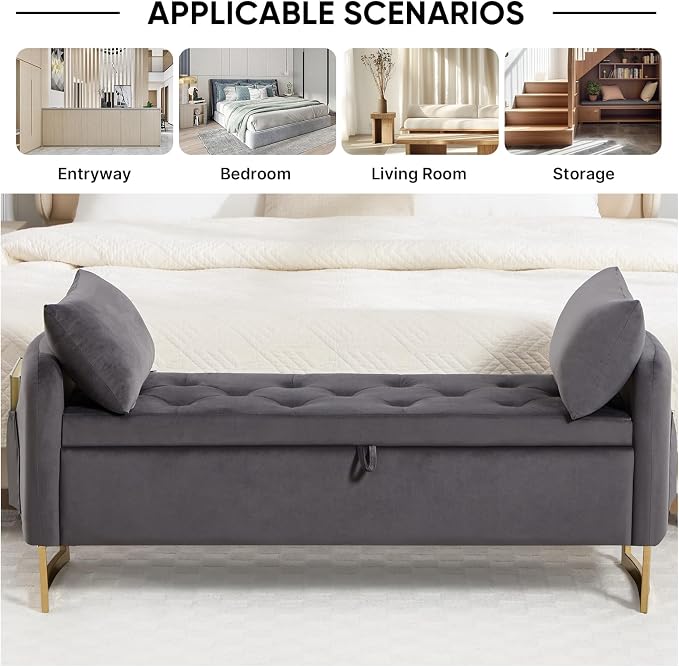 48" End of Bed Bench, Modern Storage Benches with Button-Tufted, Velvet Upholstered Storage Ottoman Bench for Foot of Bed with Arms, Gold Legs Window and Entryway, Dark Grey