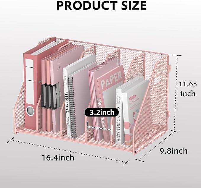 Binder Organizer, Magazine File Holder with 5 Vertical Rack, Pink | Metal Desk File Organizer & Binder Holders, Magazine Organizers for Office Desktop, Home, School, Classroom