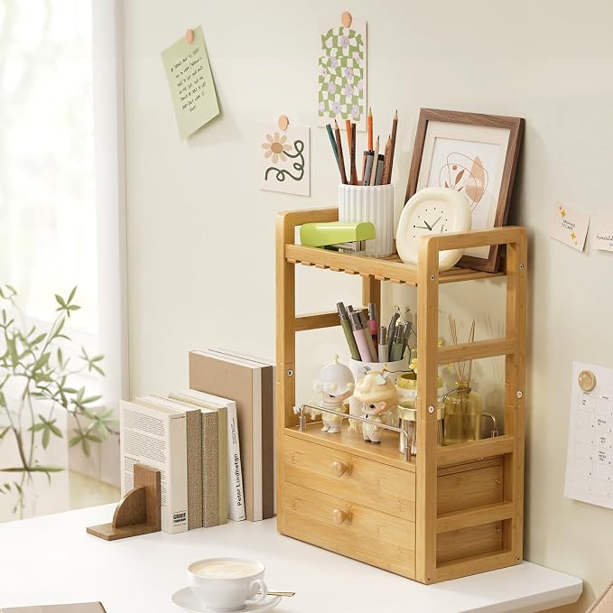 AmazerBath Bamboo Bathroom Counter Organizer, 2-Tier Makeup Organizer with 2 Drawers, Vanity Organizer Storage Coffee Matcha Station, Compact Shelf for Bathroom Kitchen Office Countertop