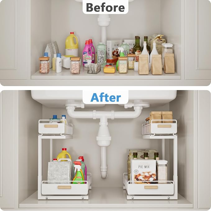 Under Sink Organizer Kitchen - Upgraded Professional Rails, 2 Tier Dual Pull Out Cabinet Storage, Height Adjustable Under Sink Storage, Metal Sliding Drawer for Kitchen & Bathroom, White, 2 Pack