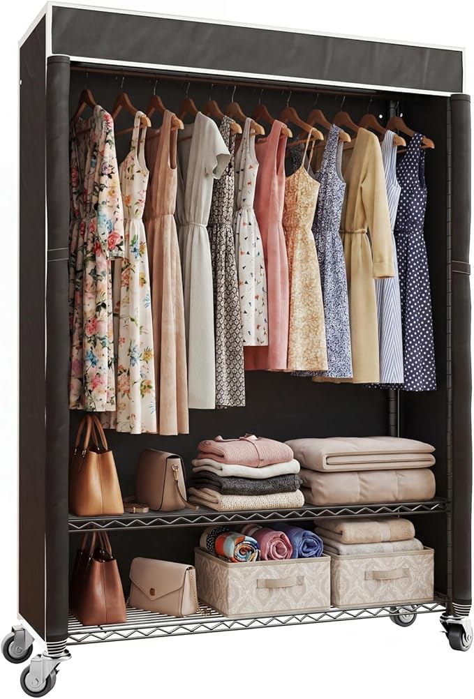 Higeego H4 Plus Rolling Clothes Rack with Cover, Black | Heavy Duty Clothing Rack with Wheels, Portable Closet for Hanging Clothes, Wardrobe Closets Rack with Black Fabric Cover