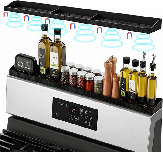30" Magnetic Stove Top Shelf, Silicone Over the Stove Spice Rack Organizer | Heat Resistant Silicone, Anti-Rattle No-Scratch Range Shelf, 3 Functional Partitions Kitchen Storage for Spices