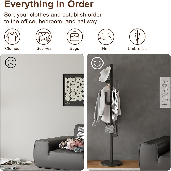 Solid Wood Cactus Coat Rack, Freestanding Coat Rack With 6 L-Shaped Hooks and 3 Adjustable Sizes, Coat Tree for Bedroom, Entryway, Livingroom, Coat Hanger Stand for Coats, Handbags (Black)