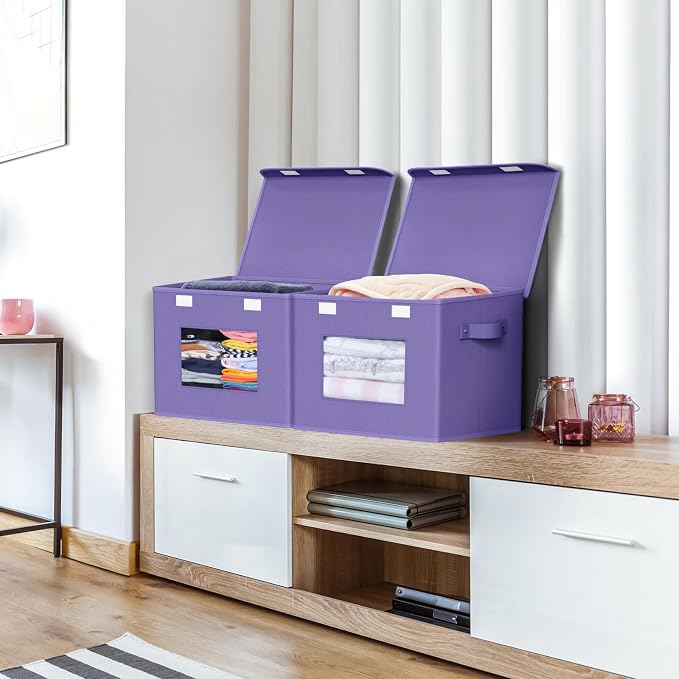 Univivi Fabric Foldable Storage Bins with Lids, 4 Pack, Purple | Stackable Closet Storage Bins, Fabric Closet Organizers and Storage with Lid & Clear Window for Home, Office, Bedroom