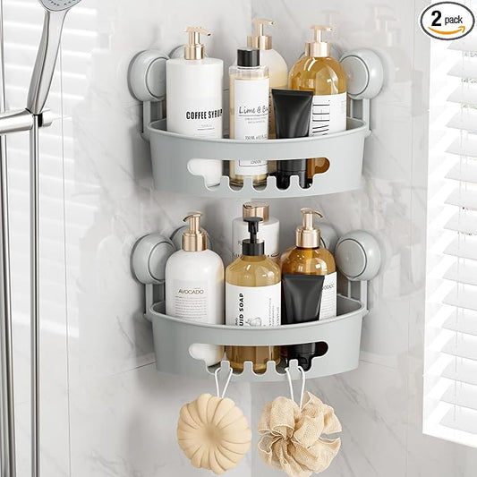 TAILI Corner Shower Caddy Organizer, Plastic Shower Caddy Suction Cup, Grey | 2 Pack Shower Caddies, No Drill Shampoo Holder, Removable Shower Basket, Wall Mounted Organizers