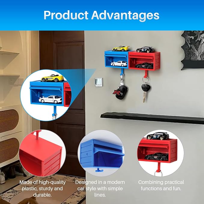 2 Pcs Car Garage Key Holder Car Key Holder for Wall 3D Easy Installation Keys Rack Wall-Mounted, Suitable for Cars Enthusiasts, Suitable for Entrances, Corridors, Front Doors (Red, Blue)