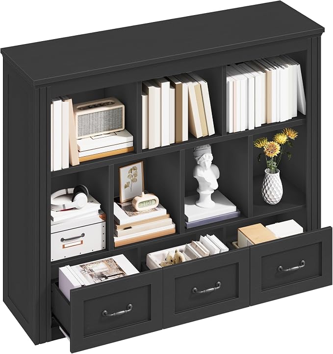 10 Cube Bookshelf Set of 2, Wooden Cubby Storage Organizer, Farmhouse Short Bookcase, Cube Shelf Bookcase with 3 Drawers, 3 Tiers Floorstanding Open Bookshelf, Black
