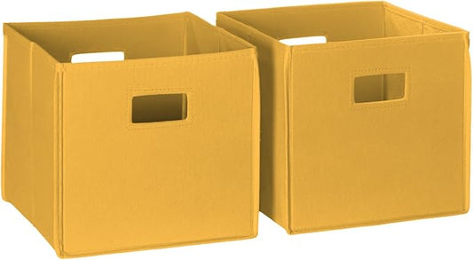 RiverRidge Folding Storage Bins - 2-pack of 10in Tall Golden Yellow Cubes | Fabric Bins, Set of 2 Storage Cubes, Cut-out Handles, Playroom Closet Organizer, Collapsible Cubby with Bottom Board Insert