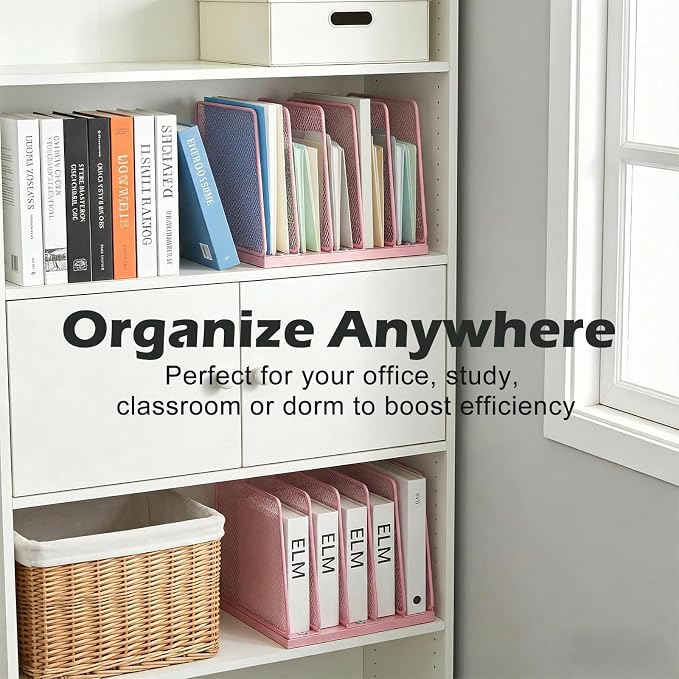 AUPSEN 5-Section File Organizer for Desk, Wood Mesh Desktop File Organizer, File Sorter Storage Rack, Vertical Folder Holder for Files, Magazines, Books (Pink)
