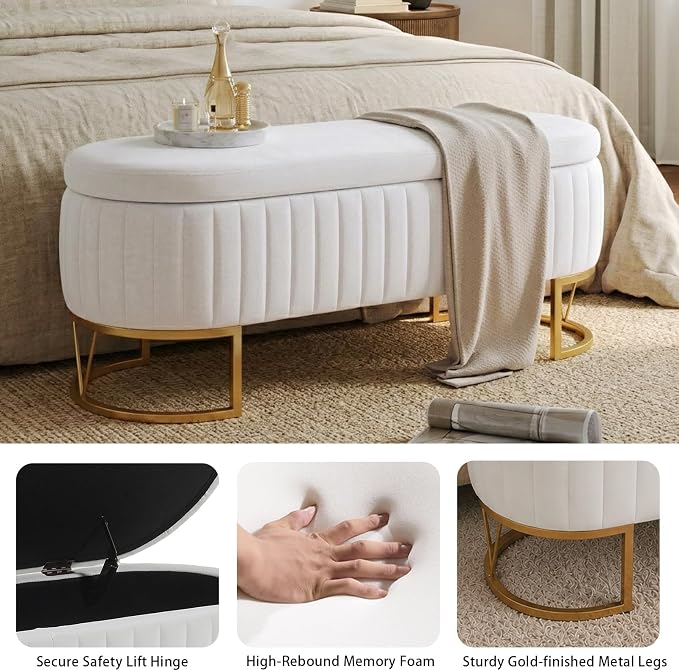 46" Storage Ottoman Bench, Velvet Oval End of Bed Bench Ivory | Easy 1-Min Assembly, High-Resilience Foam, Large Hidden Storage, Sturdy Gold Metal Legs