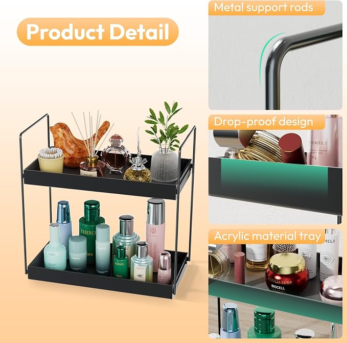 NPPLUS Bathroom Countertop Organizer, 2 Tier Metal Vanity Counter Skincare Shelf, Matte Black, 13.6"L x 6.9"W x 13.8"H | Metal Vanity Counter Skincare Shelf, Under Sink Standing Rack, Home Storage Holder For Lotion Makeup Cosmetics Perfume Spice