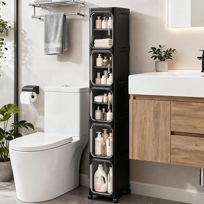 5-Tier Tall Narrow Slim Bathroom Storage Cabinet, Black | Tool Free Assembly, Adjustable Shelves, Fits for Narrow Spaces, Reinforced Stability, Magnetic Clear Door