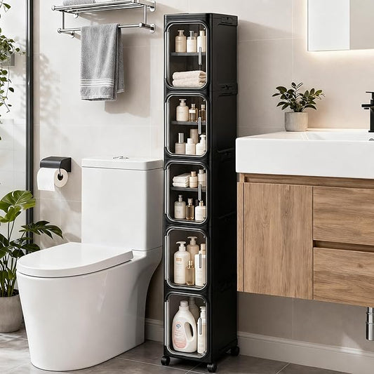 5-Tier Tall Narrow Slim Bathroom Storage Cabinet, Black | Tool Free Assembly, Adjustable Shelves, Fits for Narrow Spaces, Reinforced Stability, Magnetic Clear Door