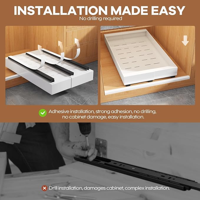 Seinloes 4 Pack Expandable Width (9"-14.1") Pull Out Cabinet Organizer 21" Deep with Raising Pad for Framed Cabinets, Upgrade 3 Slide Rails Slide Out Drawers, Roll Out Shelves Adhesive, White