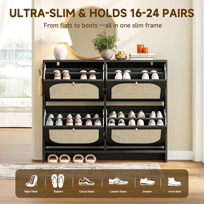 Nicetree Shoe Storage Cabinet for Entryway, Rattan Vintage Flip Shoe Rack- 4 Flip Drawers & 3-Tier Adjustable Shelves,Boho Shoe Organizer for 28-36 Pairs - Fits Size 12 Boots, 9.5" Ultra Slim