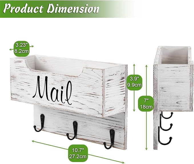 DRASTAR Small Mail Organizer Wall Mounted,Wooden Mail & Key Holder for Wall, Hanging Mail Organizer,Retro White