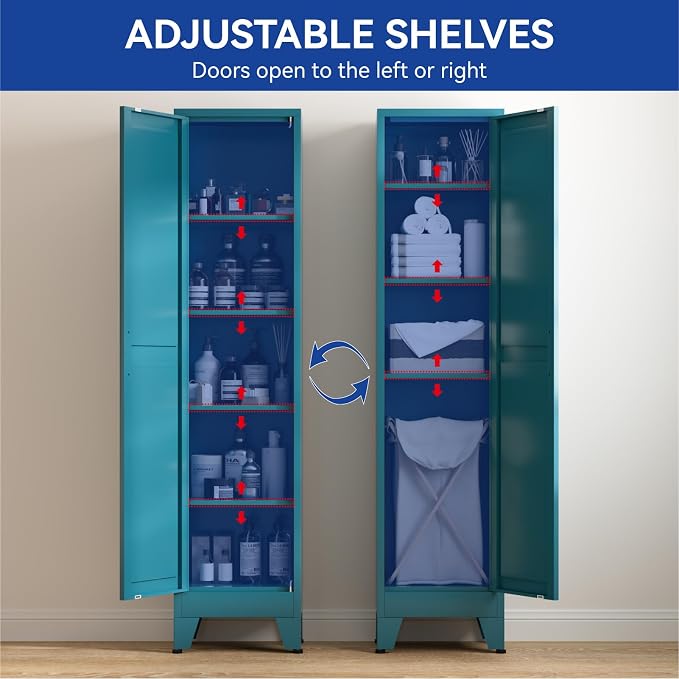 COFaR 67'' Tall Narrow Bathroom Storage Cabinet, Metal Farmhouse Skinny Pantry Cabinet with 4 Adjustable Shelves and One Door, Slim Cabinet Storage for Kitchen Laundry, 5-Tier Peacock Blue