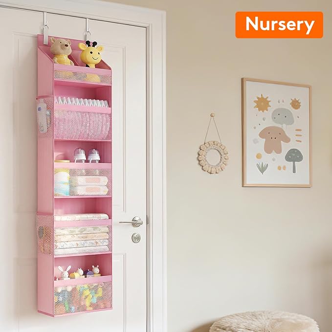 Lifewit Baby Over the Door Hanging Organiser, Hanging Shelves with Transparent Pockets for Stuffed Toys for Children's Room, Baby Items in the Pantry, Bedroom, Wardrobe, (Pink, 5 Tier)