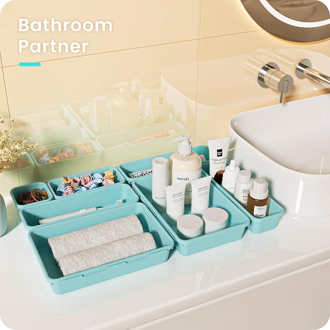 【Military Grade】A-LuGei Drawer Organizer,【𝟱𝗦𝗶𝘇𝗲】Makeup organizer,【Holds 177 Items】Bathroom Organizers and Storage,Organization and Storage,Desk Drawer Organizer for Vanity【Blue】