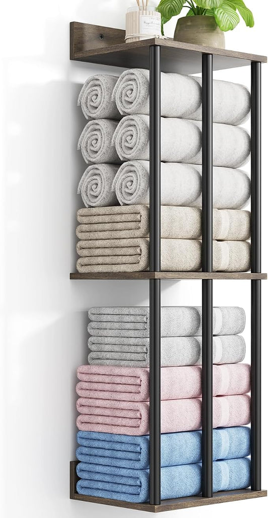 Towel Racks for Bathroom Wall Mounted with Wooden Storage Shelf | Updated 3 Bar Metal Towel Holder for Rolled Towels, Sturdy and Large Capacity, Towel Storage Organizer