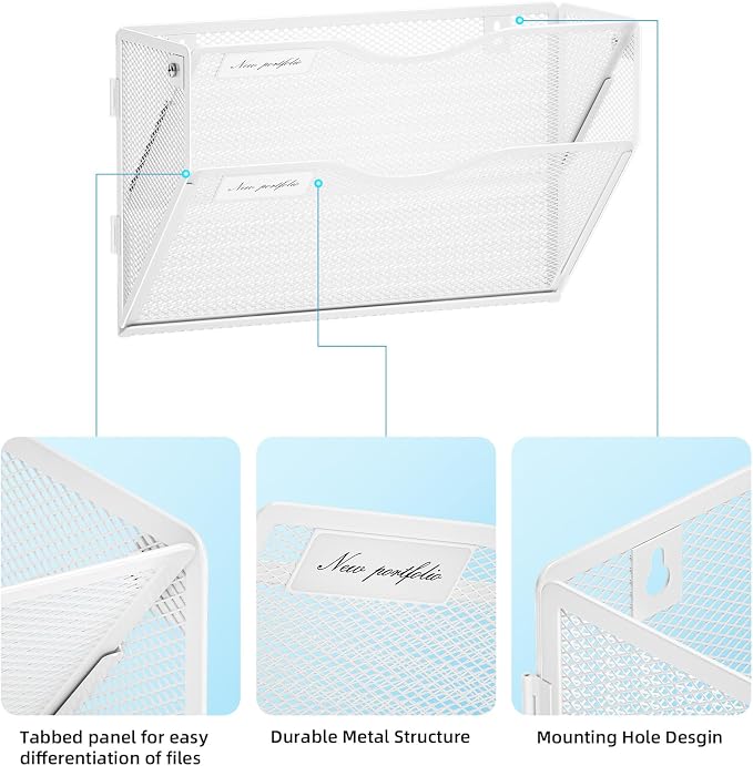 Marbrasse Wall File Holder 2-Tier Hanging Wall File Organizer, Mesh Mail Holder for Papers, Wall Mount File Clipboard & Magazine Organizer Great for Office Home - 2P(White)