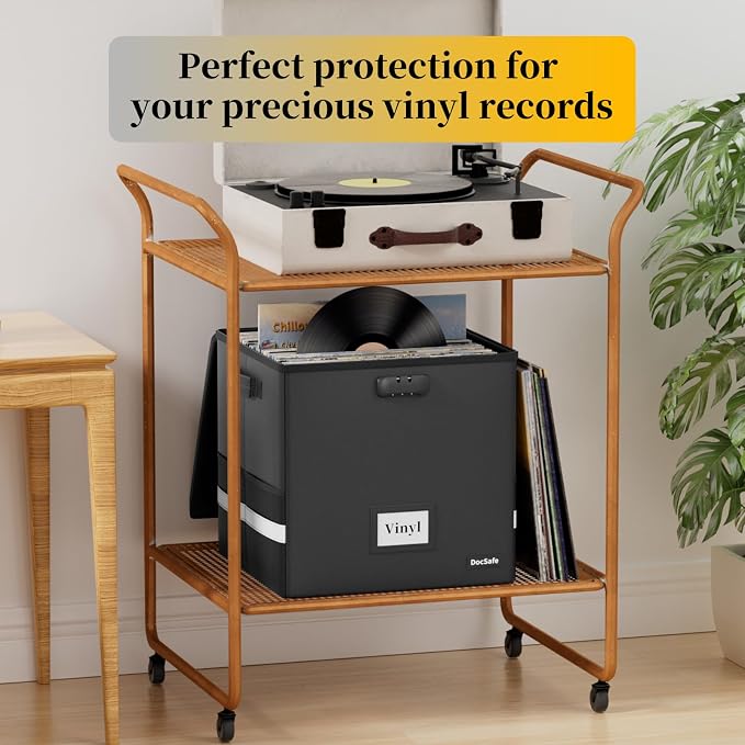 DocSafe Vinyl Record Storage Box with Lock, Fireproof Heat Insulated 5200°F Record Organizer Storage for 100+ Single Records(12-inch), Collapsible Storage Crate with Handles Safe for Home Travel