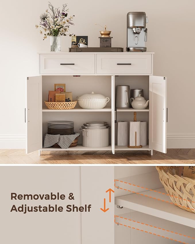 Homhedy Coffee Bar Storage Cabinet with Drawers, Kitchen Buffet Cabinet | Sideboard Cabinet with Doors, Farmhouse Buffet Cabinet, Adjustable Shelves, for Kitchen / Dining / Living Room, White