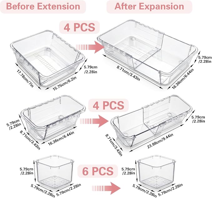 14 Pcs Clear Drawer Organizer - 3 Sizes, Adjustable Drawer Storage Box, Desk Drawer Organizer, Acrylic Storage Bins for Makeup, Cosmetic, Kitchen Utensils, Bedroom Dressers Tool Organizer for Gadgets