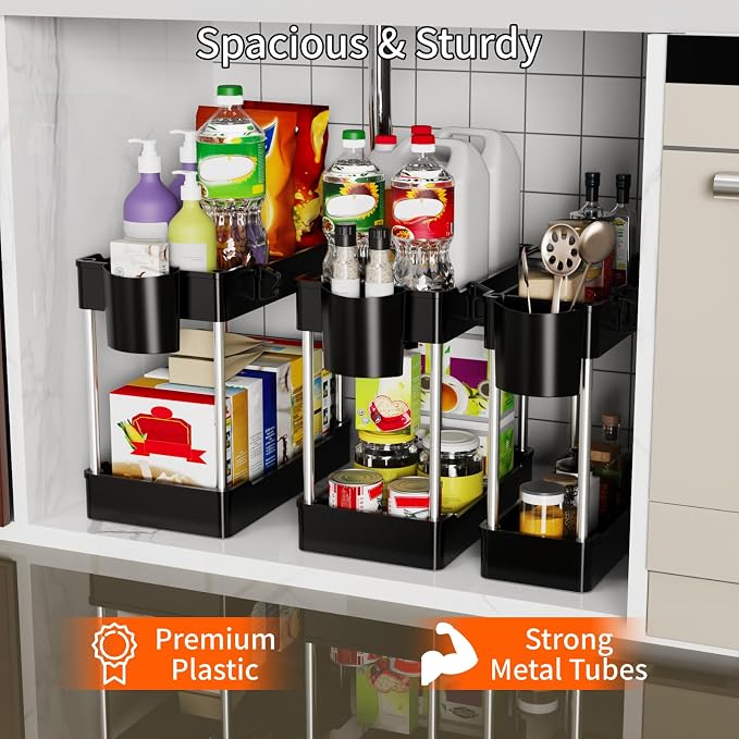 3 Pack Under Sink Organizer Bathroom and Storage Cabinet (Black) | 2 Tier with Hanging Cups for Kitchen