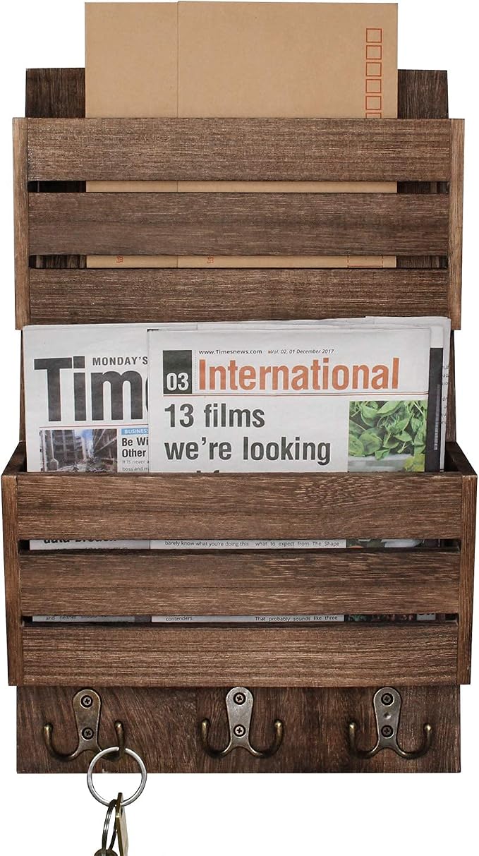 Unistyle Mail Organizer with 4 Hooks, Rustic Brown Wall Mount, Cedar Wood Key Holder for Letters, Magazines, Keys, Dog Leashes