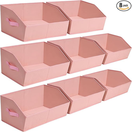 Homsorout Closet Baskets for Shelves Trapezoid - Decorative Storage Baskets with Handle, Closet Bins for Organization, Shelf Storage Bins for Clothes, Books, Home, Office, 8 Pack, Pink