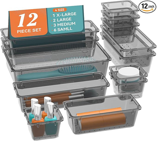 12 PCS Drawer Organizer Set, Makeup Organizers, Tool Storage Trays, Black | 4 Sizes, Plastic, Stackable, Multiple Gadgets, Desk Drawer Divider Organizers, for Makeup, Office Supplies Storage
