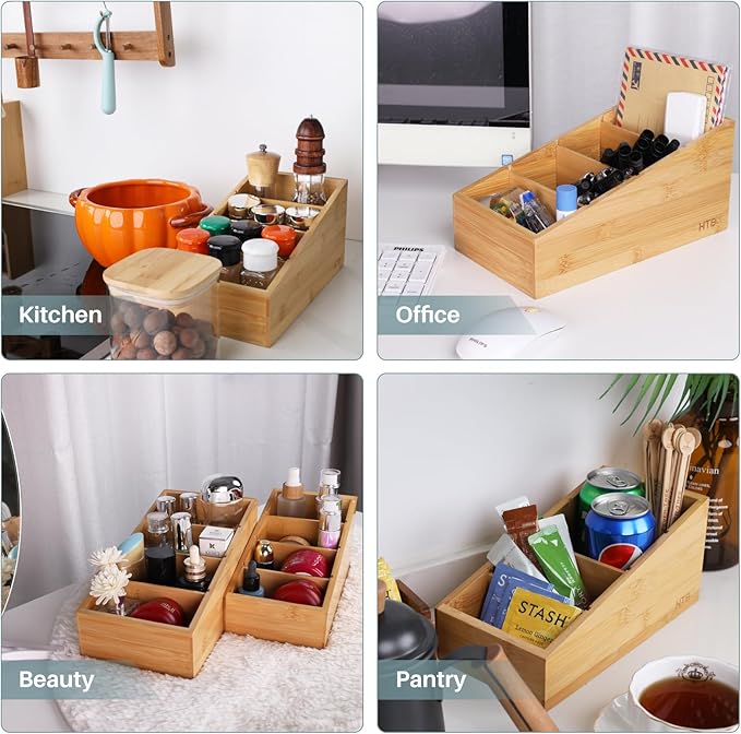 HTB 4-Section Snack Organizer with Removable Dividers for Kitchen 2 Pack | Bamboo Pantry Storage Organization for Spice Packets, Seasoning Pouches, Coffee Pods,Food,Drawer Countertop,Easy Access