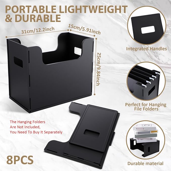 8 Pcs Portable Desktop File, Side Handles, Filing Organizer, Hanging File Folders, Letter Size for Schools Office Home (Black)