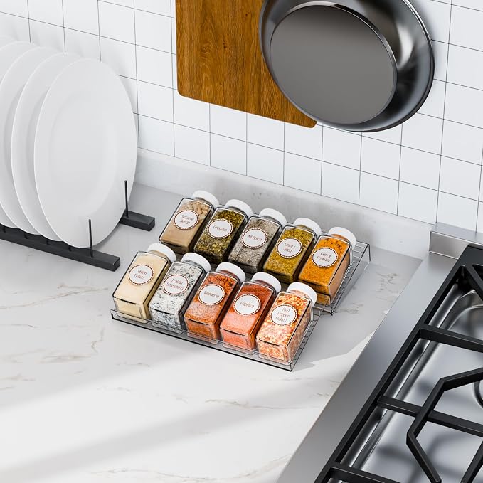 8 Pack Adjustable Narrow In Drawer Spice Organizer - Expandable From 9'' to 17.7'' - Acrylic Drawer Seasoning Organizer,Clear Spice Drawer Insert Tray for Drawers Condiment,Jar Organization