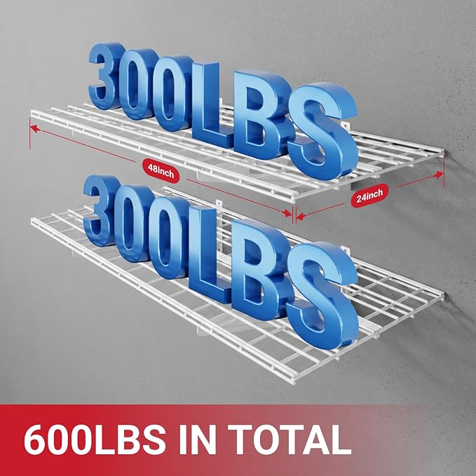 FLEXIMOUNTS 2-Pack 2x4ft Garage Shelving with Hooks, 600lbs Load, White | 24-inch-by-48-inch Wall Shelf Garage Storage Racks Floating Shelves, Rustproof Seamless Grid Design, Classic Series
