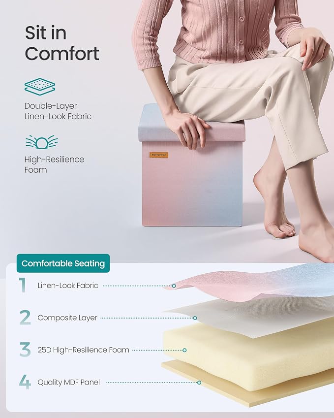 SONGMICS Folding Storage Ottoman Bench, Linen Fabric, Storage Chest, Foot Rest Stool, Holds up to 286.6 lb, 11.8 x 11.8 x 11.8 in, Bedroom Bench, Pink-Blue Ombre, Minota Collection ULSF028X101