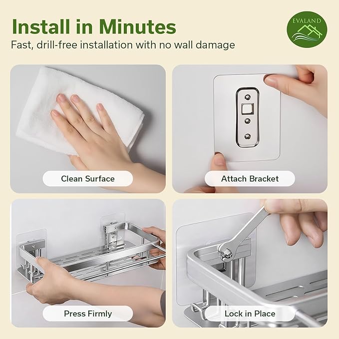 EVALAND Self Adhesive Shower Caddy Organizer 2-Pack No-Drill Storage | Hooks and Rod for Towels, Shower Shelves for Inside Shower, Bathtub Shelf, Rustproof, Rack, Easy Installation, Sturdy