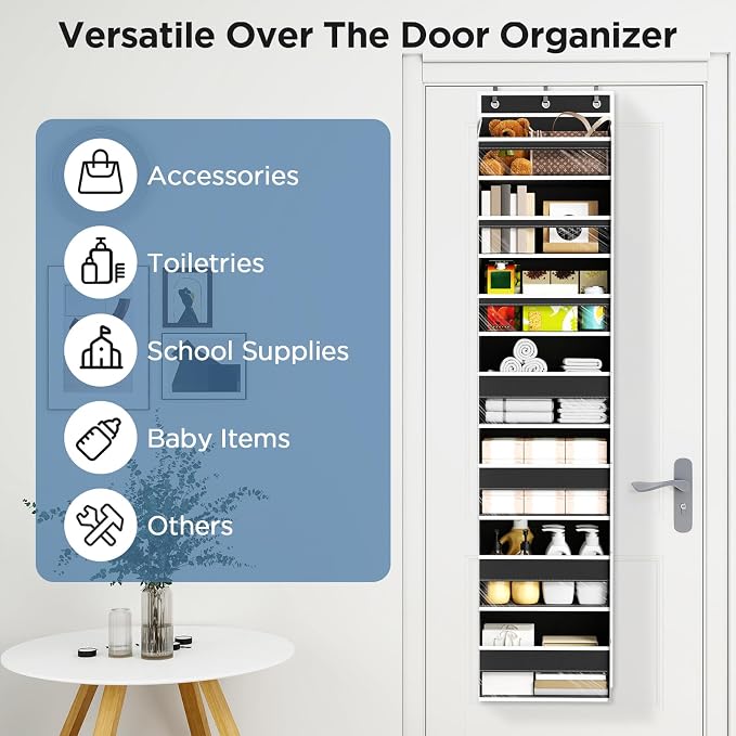 Mefirt Over The Door Organizer, 7 Tier Door Hanging Organizers with 7 Large Pockets 12 Side Pockets, Behind Door Storage Hanging Shelves for Closet Bathroom Bedroom Nursery