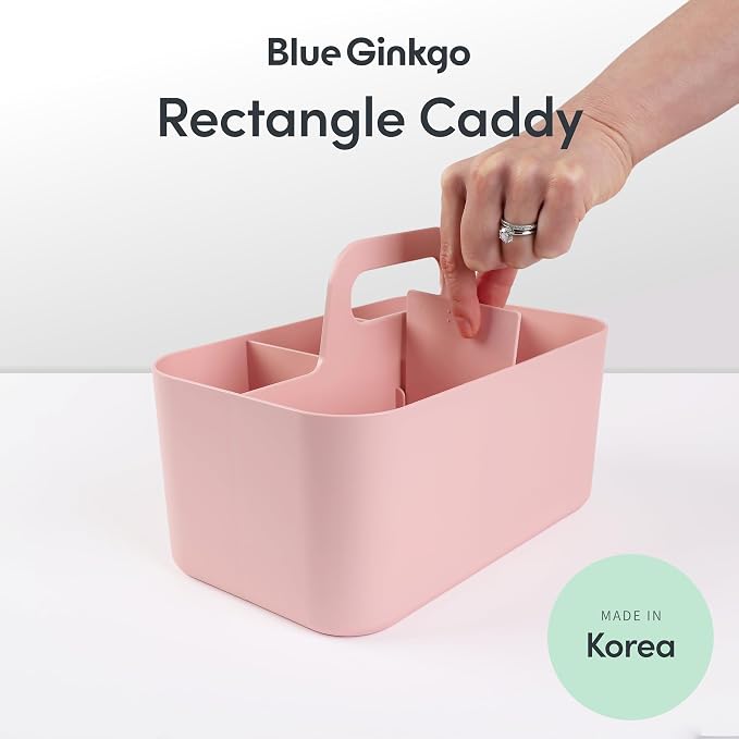 BLUE GINKGO Stackable Organizer Caddy, Rectangle, Pink, Made in Korea | Portable. Adjustable. Home, Office & School Storage.