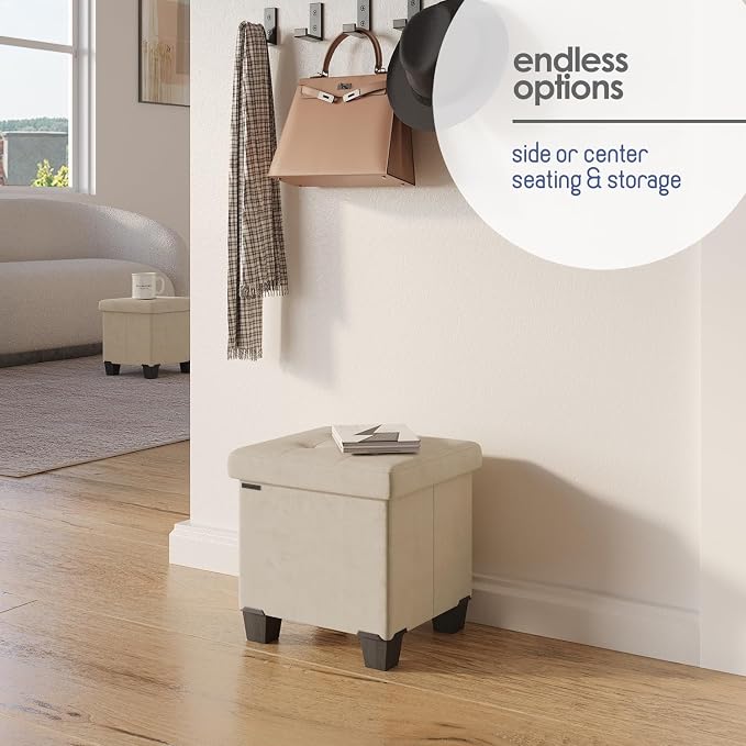 Storage Ottoman Cube with Small Bin, 15-in Square Ottoman with Storage for Living Room and Bedroom, Small Ottomans Foot Rest, Velvet Foot Stools Ottomans Max 330lbs, Beige